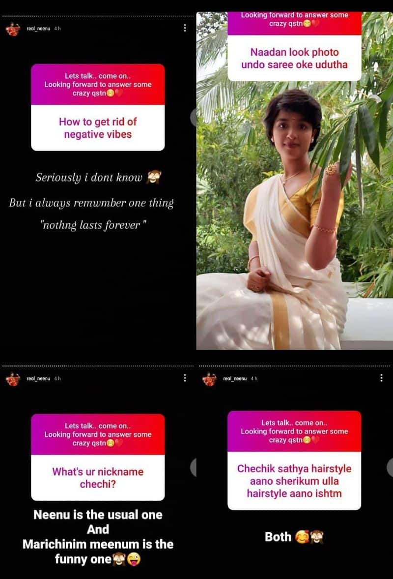 Sathya eanna penkutty serial fame mershina neenu question and answer section on instagram