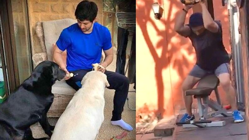 घर में अपने डॉगी के साथ सनी देओल के बड़े बेटे करन। दूसरी ओर एक्सरसाइज करते सनी देओल।