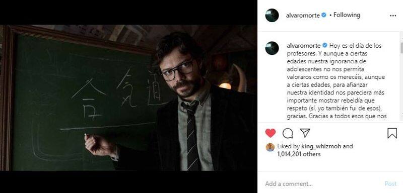 netflix world famous robbery thriller series money heist la casa de papel actor alvaro morte character professor shared a photo and note about teachers day