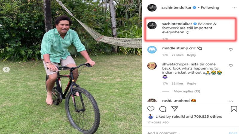 इन तस्वीरों को शेयर करते हुए सचिन ने लिखा कि 'बैलेंस और फुटवर्क अभी भी हर जगह महत्वपूर्ण हैं'। सचिन की इस तस्वीर पर लाखों लोग लाइक और कमेंट कर चुके हैं। किसी ने लिखा कि 'आपका आज भी जवाब नहीं है', तो किसी ने लिखा कि 'आप अभी भी इंडियन क्रिकेट में वापस आ जाएं'।