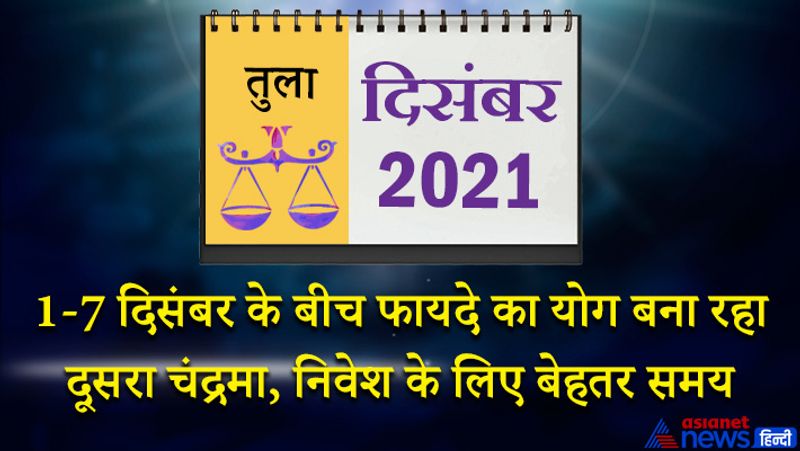इस महीने मंगल तुला राशि का लग्न में, बुध-सूर्य-केतु वृश्चिक राशि का दूसरे भाव में, शुक्र धनु राशि का तीसरे भाव में, शनि मकर राशि का चौथे भाव में, गुरु कुंभ राशि का पांचवे भाव में, राहु वृषभ राशि का आठवें भाव में, चंद्रमा कन्या राशि का बारहवें भाव में रहेगा। 1 से 7 दिसंबर के बीच दूसरा चंद्रमा फायदे के योग बना रहा है। इस दौरान सुखद यात्रा हो सकती है। उपहार भी मिल सकते हैं। खानपान का लुत्फ उठाएंगे। नया निवेश करने के लिए यह समय बेहतर है। 8 और 9 दिसंबर को खर्च अधिक होने के कारण बजट बिगड़ सकता है। किसी से पैसा उधार लेना पड़ सकता है। 14 दिसंबर के बाद किसी सामूहिक कार्यक्रम में जाने का मौका मिलेगा। धार्मिक कामों में रुचि बढ़ेगी। पारिवारिक जिम्मेदारी ठीक से निभा पाएंगे। 18 दिसंबर के बाद किसी कारण मन उदास हो सकता है। आपका लालचीपन नुकसान पहुंचा सकता है, जिससे आपकी छवि लोगों के सामने धूमिल हो सकती है। महीने का अंतिम सप्ताह हास-परिहास और मनोरंजन में व्यतीत होगा। इस समय आप निवेश करने के मूड में रहेंगे। पुराने दिनों को याद कर खुश होंगे। दूसरों की समस्याओं से आप चिंतित हो सकते हैं।