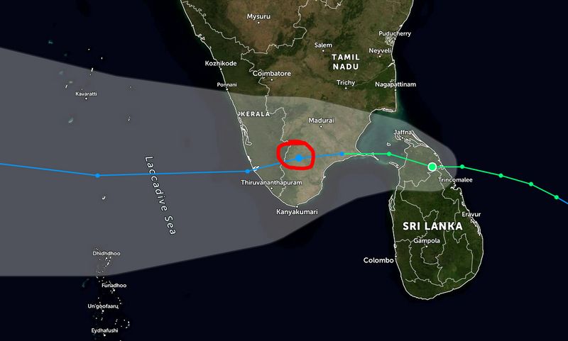 Tropical cyclone Burevi to the Indian coast
