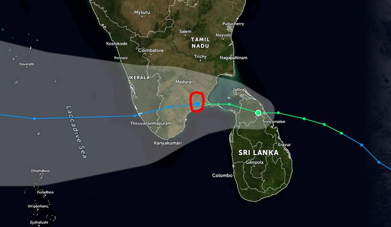 Tropical cyclone Burevi to the Indian coast