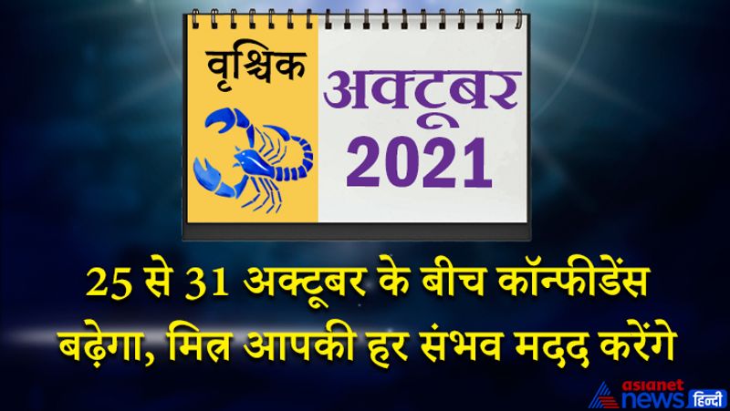 इस महीने केतु वृश्चिक राशि का लग्न में, गुरु शनि मकर राशि का तीसरे भाव में, राहु वृषभ राशि का सातवें भाव में, चंद्रमा कर्क राशि का नौवें भाव में, सूर्य मंगल कन्या राशि का ग्यारहवें भाव में, बुध-शुक्र तुला राशि का बारहवें भाव में रहेगा। महीने का पहला सप्ताह आपके लिए शुभ फल देने वाला रहेगा। किसी परिजन से जुड़ी खुशखबरी मिल सकती है। नया वाहन खरीदने का योग इस समय बन रहा है। अधिकारी आपके काम से खुश रहेंगे। समाज में मान-प्रतिष्ठा बढ़ेगी। दैनिक कार्य समय पर पूरे कर सकेंगे। 8 से 15 अक्टूबर के बीच आपका स्वास्थ्य खराब हो सकता है। इस समय अनैतिक कामों से दूर रहें तो अच्छा रहेगा। किसी पार्टी या समारोह में जाकर परेशानी का अनुभव करेंगे। इस समय अनजान लोगों पर भरोसा ना करें। महीने के तीसरे सप्ताह में चौथा चंद्रमा परेशानियों का कारण बन सकता है। स्वास्थ्य में और भी गिरावट आ सकती है। इस समय किसी को भी पैसा उधार ना दें। आय के स्रोत बढ़ेंगे। 23 अक्टूबर के बाद समय आपके पक्ष में होता नजर आएगा। 25 से 31 अक्टूबर के बीच आपका आत्मविश्वास बढ़ा हुआ रहेगा। मित्र आपकी हर संभव सहायता करेंगे।