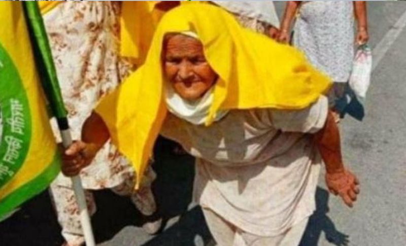 यह महिला किसान मोहिंदर कौर हैं। इस आंदोलन में चर्चा का विषय बनी हुई हैं। वह 80 साल की हैं, लेकिन उनका जज्बा देखने लायक है। वह झुकी कमर से हाथ में लाठी लेकर अपने हक के लिए धरना दे रही हैं। मोहिंदर कौर मूल रुप से बठिंडा जिले की रहने वाली हैं। मोहिंदर ने सितंबर महीने में अपने पति लाभ सिंह के साथ बादल गांव में कृषि कानून के खिलाफ प्रदर्शन किया था। उन्होंने कहा, 'अब मैं दिल्ली जाना चाहती हूं। उनके पास खेती की 12 एकड़ जमीन है।