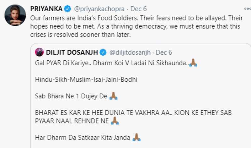 हालांकि, इस आंदोलन के चलते बॉलीवुड की कई हस्तियों ने किसानों को समर्थन दिया है। हाल ही में अदाकारा प्रियंका चोपड़ा ने ट्विटर पर किसानों को फूड सोल्जर बताया और कहा कि किसानों का डर ख़त्म होना जरूरी है। सोनू सूद ने भी एक ट्वीट करते हुए लिखा था "किसान है हिंदुस्तान।"