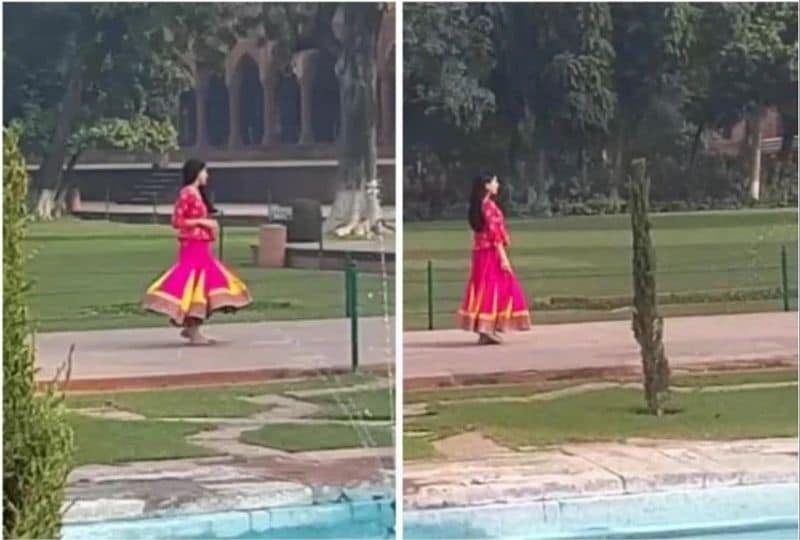 ताजमहल में एक्टर फिल्म की शूटिंग करती एक्ट्रेस सारा अली खान।
