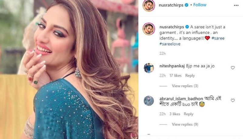 Nusrat Jahan flaunts her beauty in a sequined blue saree ADB