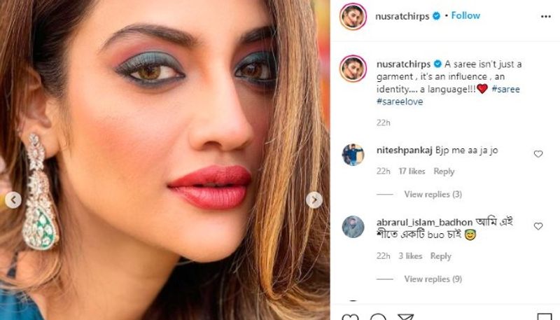 Nusrat Jahan flaunts her beauty in a sequined blue saree ADB