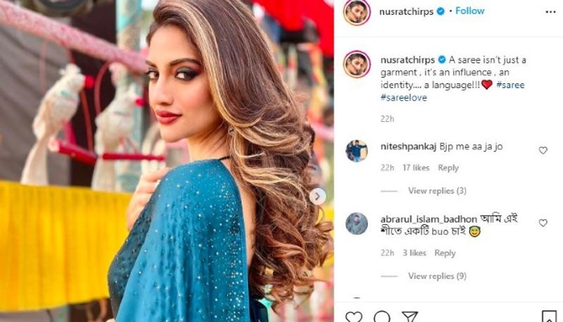 Nusrat Jahan flaunts her beauty in a sequined blue saree ADB