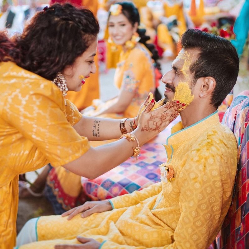 Pictures Yuzvendra Chahal, Dhanashree Verma bask in yellow during haldi ceremony-ayh