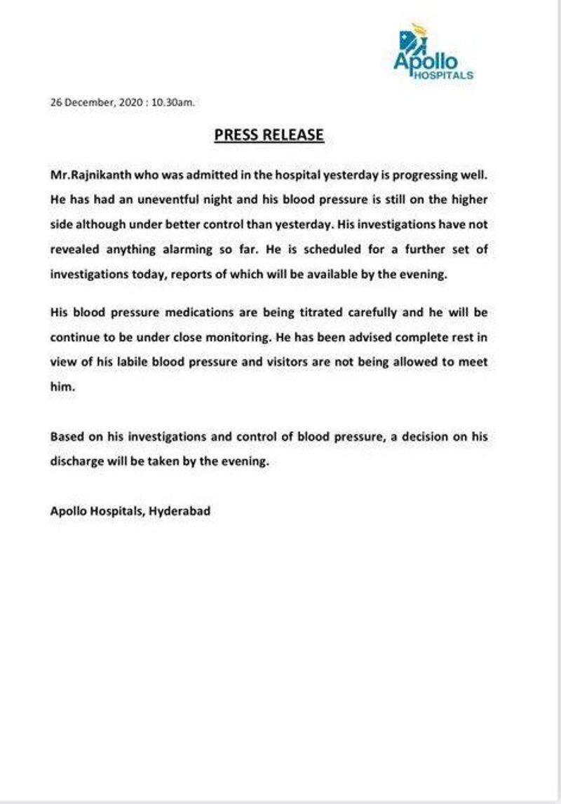 rajinikanth health condition Hyderabad Apollo statement