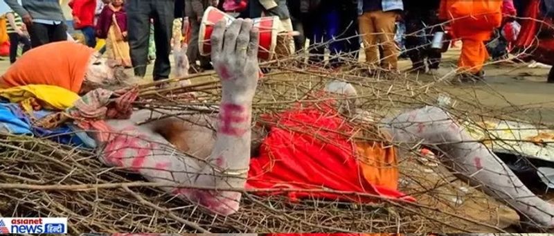यह बाबा लक्ष्मण दास हैं, जिन्हें लोग अब कांटों वाले बाबा कहते हैं। इनसे 18 साल की उम्र में गौ हत्या हो गई थी, जिसका प्रायश्चित कर रहे हैं। ये हर साल कल्पवास करने आते हैं और कांटे की सैय्या बनाकर हठयोग करते हैं।
