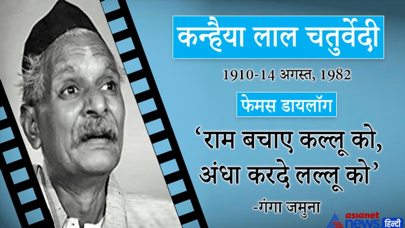 कन्हैया लाल चतुर्वेदी
1910-14 अगस्त, 1982
फेमस डायलॉग-राम बचाए कल्लू को, अंधा करदे लल्लू को। (गंगा जमुना)
इनका जन्म यूपी के वाराणसी में हुआ था। इन्होंने करीब 105 फिल्मों में काम किया।
प्रमुख फिल्में-मदर इंडिया, गंगा जमुना, गोपी, उपकार, अपना देश, दुश्मन, धरती कहे पुकार के, हम पांच, औरत आदि।