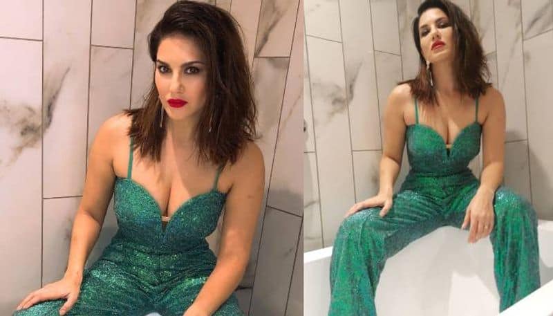 Sunny Leone gets into a bathtub in green outfit