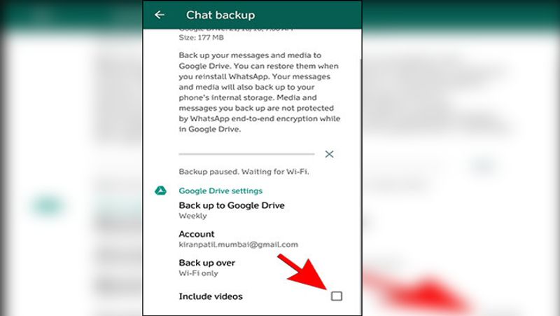 वीडियो बैकअप बंद करने के लिए आप WhatsApp की सैटिंग में जाए और चैट्स को क्लिक कर चैट बैकअप ऑप्शन में जाए। यहां पर आप include video के ऑप्शन को अनचेक कर दें। इससे आपके वीडियो का बैकअप नहीं होगा।