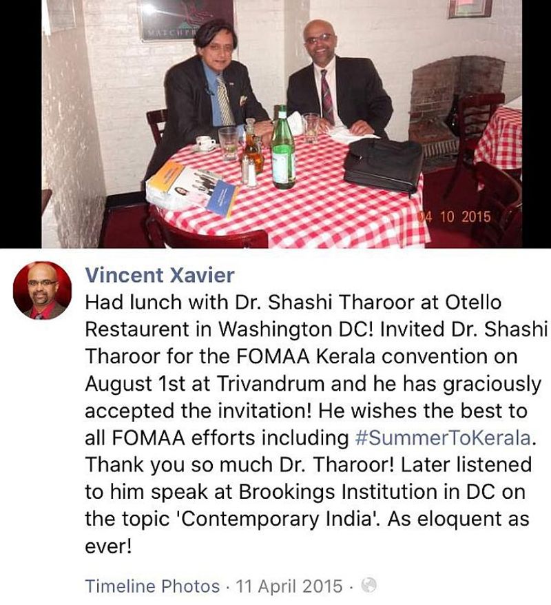 हमें विन्सेंट के ट्विटर पर अकाउंट थरूर से जुड़े कई ट्वीट मिले साथ ही फेसबुक पर थरूर के साथ उनकी एक फोटो भी मिली जिसमें वो लंच कर रहे हैं। 