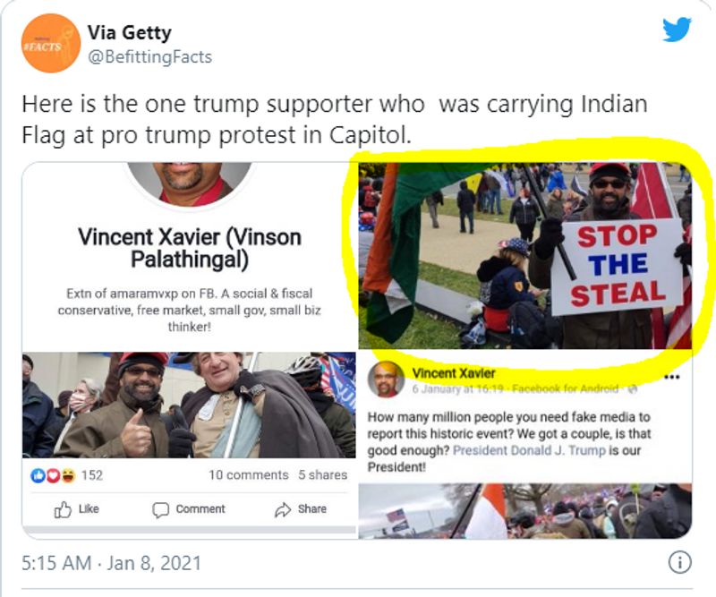 फैक्ट चेक
कैपिटल हिल वाली तिरंगा तस्वीर का सच
वायरल तस्वीरों की बात करें तो इसमें मौजूद शख्स विन्सेंट ज़ेवियर (Vincent Xavier) है। जो मूल रूप से केरल का रहने वाला है। वह शशि थरूर का फैन मालूम पड़ता है। अपने हर ट्वीट में वो थरूर को टैग करता है। विवादों में आई असल तस्वीर में विन्सेंट कैपिटल हिल के सामने भगवा झंडा लेकर खड़ा था। Via Getty नाम के ट्विटर अकाउंट पर विन्सेंट को ट्रंप समर्थक बताकर ये तस्वीरें साझा की गईं। हम ये दावा नहीं कर सकते कि विन्सेंट कैपिटल हिल में हुई हिंसा में किसी भी तरह शामिल हुआ था।