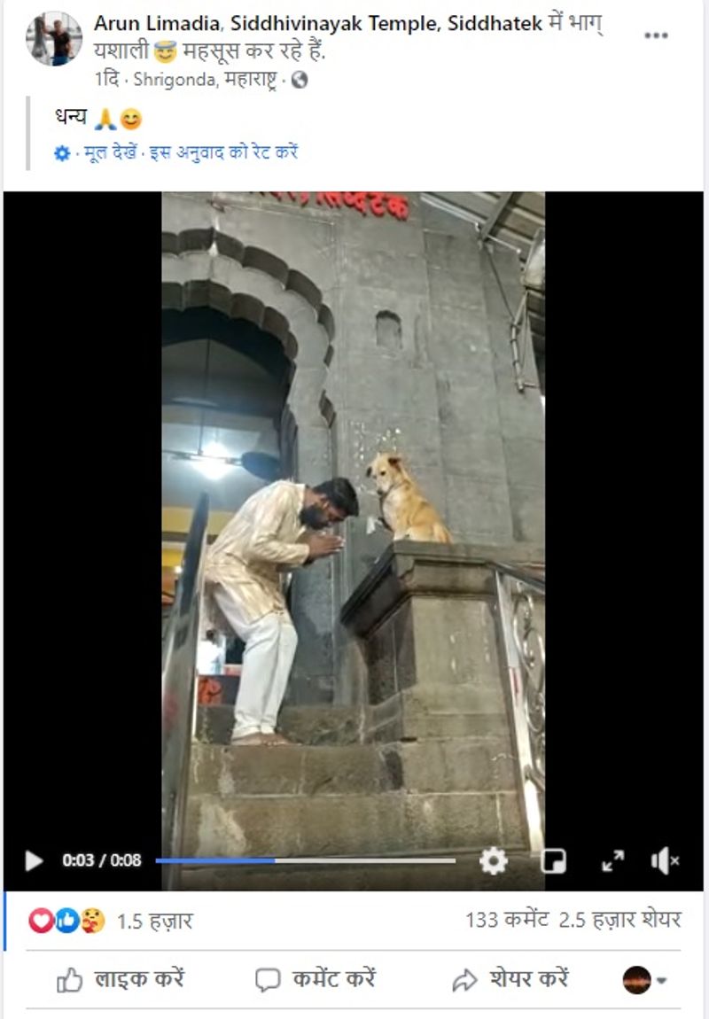 Arun Limadia द्वारा शेयर किए गए दूसरे वीडियो को ढ़ाई हजार से अधिक लोगों ने शेयर किया है। इस वीडियो में डॉगी मंदिर से बाहर निकल रहे शख्स को आशीर्वाद देता दिखाई दे रहा है।
