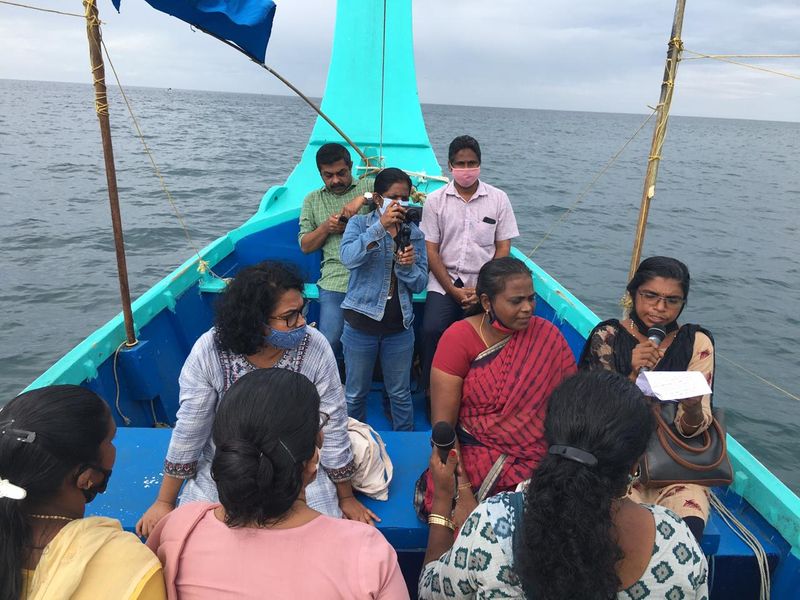 Sand dredging lobster workers protest in sea at Kovalam