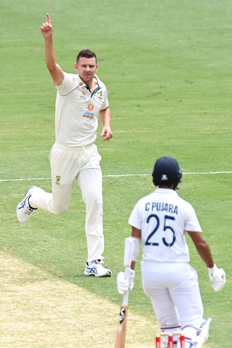 As the Indians resumed at the overnight score of 62/2, 30 minutes prior, due to rain washing out the post-tea session on Saturday, Cheteshwar Pujara and skipper pair Ajonkya Rahane handled the early hour quite well. The two put up a 45-run stand for the third wickets, before Pujara fell for 25 at the score of 105, as pacer Josh Hazlewood made him caught behind off Paine.