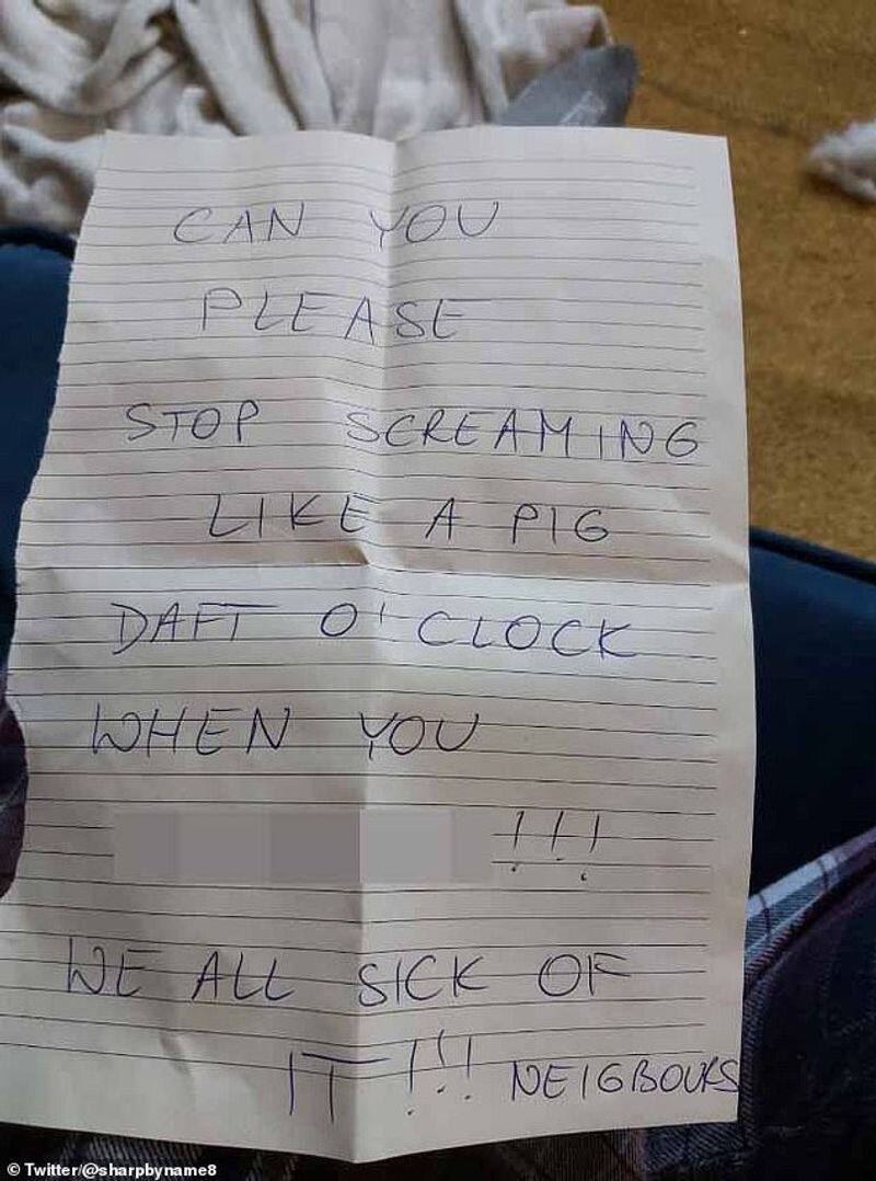 Woman reveals note she received from mysterious neighbour shaming her for screaming like a pig during sex'