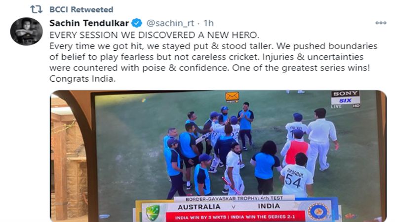 सचिन तेंदुलकर ने टीम की जीत पर लिखा कि 'हर सीजन में हमने एक हीरो की तलाश की है... ये सबसे बड़ी जीत में से एक है। भारत को बधाई।'
