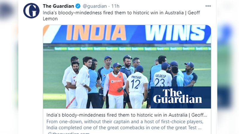 The Guardian ने लिखा कि 'भारत की रक्तरंजित सोच ने उन्हें ऑस्ट्रेलिया के खिलाफ ऐतिहासिक जीत दिलवाई।'