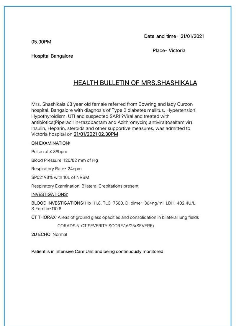 Sasikala  health condition...Bangalore Victoria Hospital report