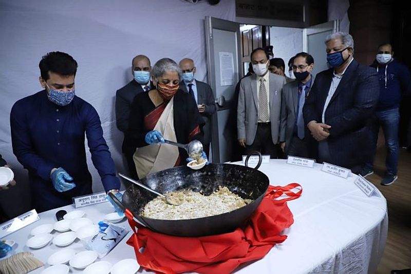 The customary Halwa Ceremony, which marks the beginning of compilation of budget documents, was held on Saturday at the Finance Ministry in the presence of Finance Minister Nirmala Sitharaman, Minister of State for Finance Anurag Thakur and senior officials.
The Halwa ceremony marks the final stage of the Budget making process for Union Budget 2021-22. Previously, the ceremony marked the launch of printing exercise for the budget.
But Union Budget 2021 will be unlike earlier years.
