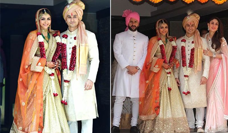 सोहा अली खान
सैफ अली खान की बहन और एक्ट्रेस सोहा अली खान ने एक्टर कुणाल खेमू से 25 जनवरी, 2015 को शादी की थी। उन्होंने भी अपनी शादी में लाल जोड़ा कैरी नहीं किया था बल्कि गोल्डन लहंगा पहना था, जिसमें उन्हें रॉयल लुक मिल रहा था। इनके लहंगे को भी सब्यसाची ने ही डिजाइन किया था। अपने लहंगे के साथ एक्ट्रेस ने ऑरेंज कलर का दुपट्टा कैरी किया था, जो कि उनकी मां शर्मिला का आइडिया था। 