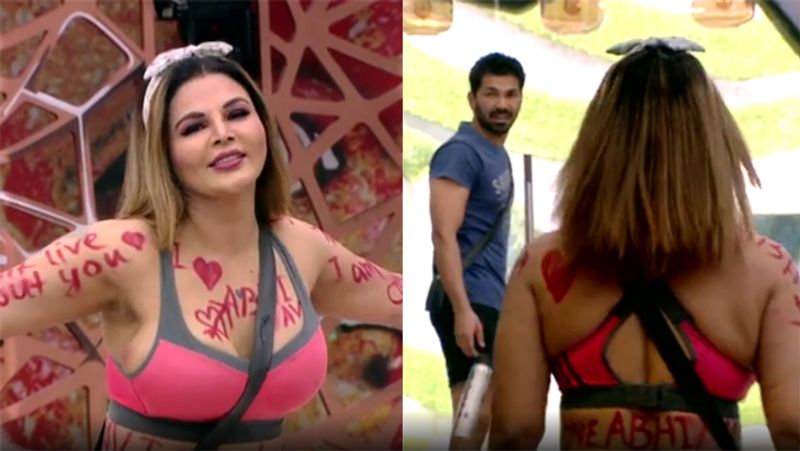 Rakhi Sawant writes Abhinav Shuklas name all over her body leaving Rubina Dilaik irritated dpl