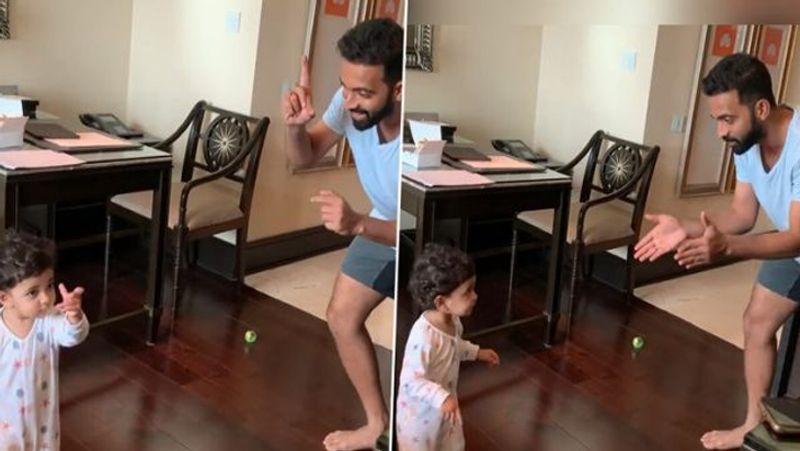 रोहित के साथ ही ऑस्ट्रेलिया दौरे पर टीम की कप्तानी संभालने वाले अजिंक्य रहाणे भी अपने परिवार के साथ चैन्नई पहुंचे हैं। क्वारंटीन के पहले दिन वह चेन्नई में अपनी बेटी के साथ डांस करते हुए नजर आए। रहाणे का वीडियो उनकी पत्नी राधिका (Radhika) ने अपने इंस्टाग्राम अकाउंट पर अपलोड किया। राधिका ने इस वीडियो का कैप्शन लिखा, क्वारंटीन में मेरा मनोरंजन।