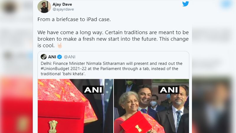 मेड इन इंडिया टैबलेट में बजट पेश होने की घोषणा के बाद ट्विटर पर iPad ट्रेंड होने लगा है। सोशल मीडिया यूजर्स ने इसे लेकर कई तरह के पोस्ट भी किए। किसी ने लिखा- ब्रीफ केस से आईपेड केस, तो किसी ने लिखा आईपैड ट्रेंडिंग है शायद इसलिए क्योंकि निर्मला सीतारमण पारंपरिक बाही-खता के बजाय बजट के लिए आईपैड ले जा रही है।
