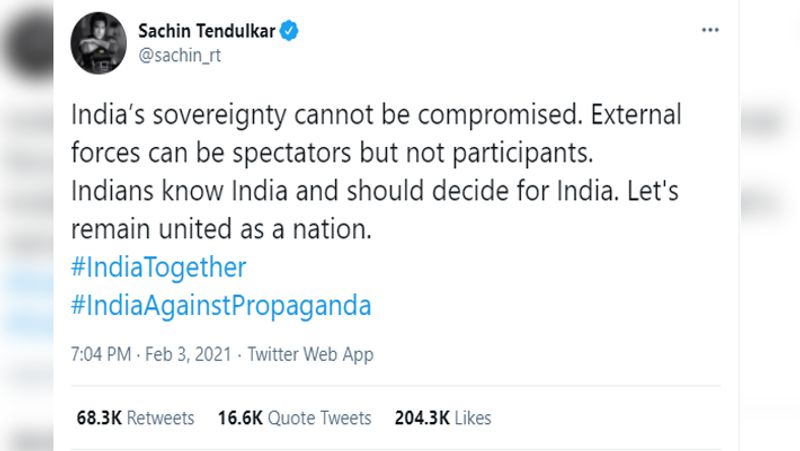 सचिन तेंदुलकर
वहीं, पूर्व क्रिकेटर सचिन तेंदुलकर (Sachin Tendulkar) ने अपने ट्वीट में #IndiaTogether और #IndiaAgainstPropaganda का इस्तेमाल करते हुए लिखा कि 'भारत की संप्रभुता से समझौता नहीं किया जा सकता है। बाहरी ताकतें दर्शक हो सकती हैं लेकिन प्रतिभागी नहीं। भारतीय लोग भारत को जानते हैं और उन्हें ही भारत के लिए फैसला लेना चाहिए। आइए एक राष्ट्र के रूप में एकजुट रहें।'