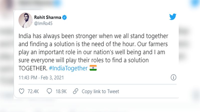 रोहित शर्मा
भारतीय टीम के सलामी बल्लेबाज रोहित शर्मा ( Rohit Sharma) ने इस मुद्दे पर लिखा कि 'भारत हमेशा मजबूत हुआ है जब हम सभी एक साथ खड़े हैं और इसका समाधान निकालना समय की जरूरत है। हमारे किसान हमारे देश की भलाई में एक महत्वपूर्ण भूमिका निभाते हैं और मुझे यकीन है कि हर कोई एक समाधान खोजने के लिए अपनी भूमिका निभाएगा।' इसके साथ ही उन्होंने #IndiaTogether का भी इस्तेमाल किया।