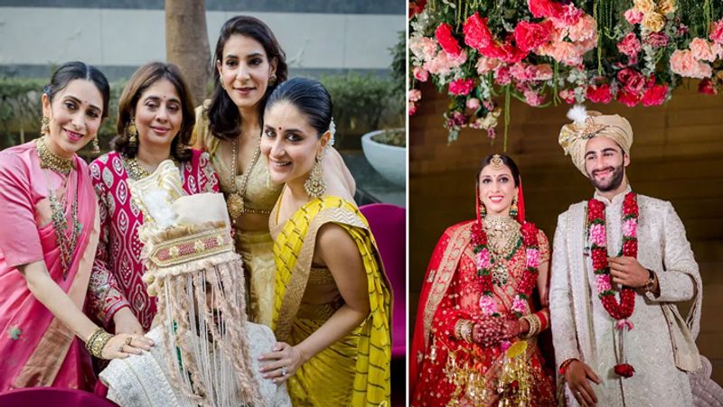 दूल्हा बने अपने भाई के साथ करीना-करिश्मा ने रिश्तादारों के पोज दिए थे। दोनों बहनें इस दौरान कमाल लग रही थी।