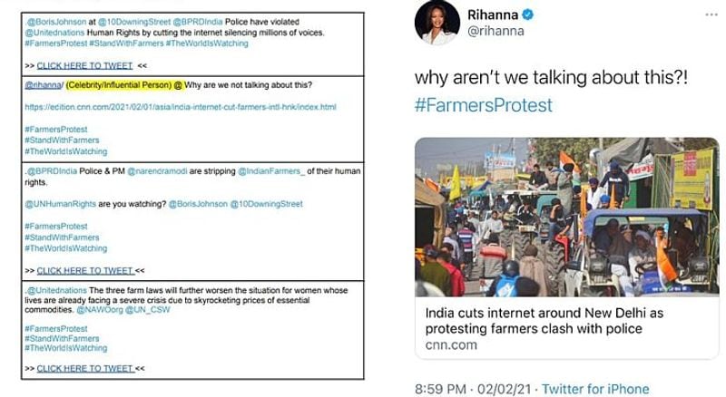 <p>Take for instance the Tweet by American pop star Rihanna. <br />
</p>
<p>The tweet with the tag line "Why are we not talking about this?" comes with a CNN article on the Republic Day clashes embedded in the post. All that a "celebrity / Influential person" needs to do is to put their name behind the post.<br />
</p>
<p>Among those who seem to have used the template is the Congress party whose Kerala women's unit handle sounds word to word similar to the tweets from the Google Drive.<br />
</p>
<p>Then again, while the manual talks at length about forcing the Indian administration to repeal the controversial farm laws, it is suspiciously silent on the road ahead if and when the laws were to be junked.<br />
</p>
<p>Instead, it shifts focus upon defaming India and its government on issues like the persecution of government critics, harassment of independent journalists and oppression of citizens in favour of corporates.</p>