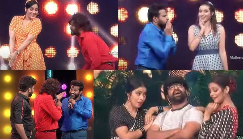 ఈటీవీలో ప్రసారమయ్యే `ఢీ ఛాంపియన్` కోసం రష్మీ గౌతమ్, క్వీన్ టీమ్ లీడర్ దీపికా పిల్లి, జడ్జ్ లుగా వ్యవహరించే శేఖర్ మాస్టర్, పూర్ణ, ప్రియమణి, అలాగే కింగ్ టీమ్కి చెందిన సుడిగాలి సుదీర్, ఆదిలు గోల్డెన్ డేస్ లుక్లో సందడి చేశారు.