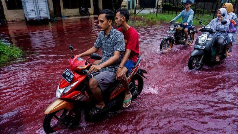 Indonesian village submerged by red water