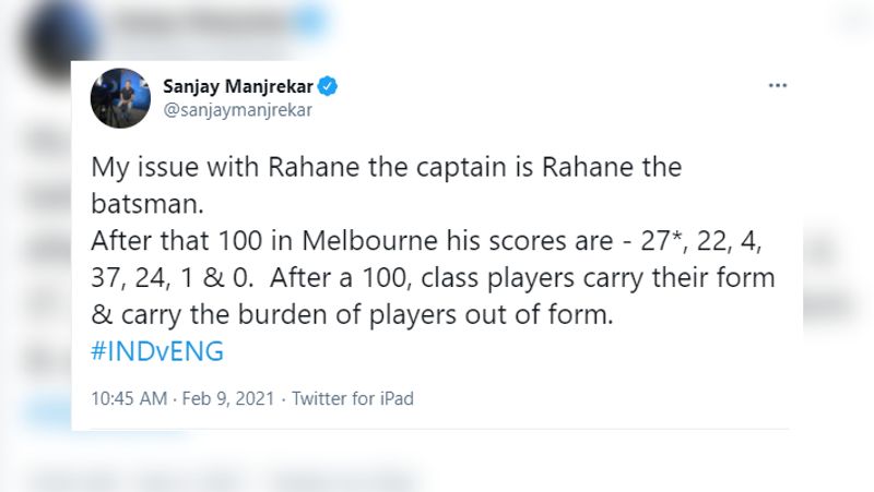इसके बाद से सोशल मीडिया पर उनको खूब ट्रोल किया जा रहा है। भारतीय टीम के पूर्व क्रिकेटर संजय मांजरेकर ने रहाणे को लेकर ट्वीट कर लिखा कि 'मेरी दिक्कत कप्तान रहाणे से है बल्लेबाज रहाणे। मेलबर्न में सेंचुरी के बाद रहाणे के स्कोर रहे हैं 27*, 22, 4, 37, 24, 1 और 0, सेंचुरी के बाद क्लास खिलाड़ी अपनी फॉर्म को आगे ले जाते हैं और टीम के आउट ऑफ फॉर्म वाले खिलाड़ियों का भार उठाते हैं।'