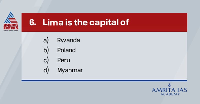 Ans: CLima is the capital of Peru.Rwanda – KigaliPoland – WarsawMyanmar –Naypyitaw