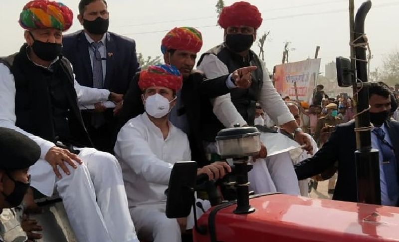 राहुल गांधी ने रूपनगढ़ में ट्रैक्टर चलाया। उनके बगल में अशोक गहलोत बैठे थे।
