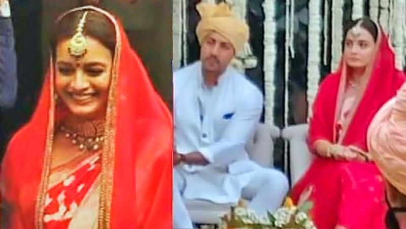 वहीं शादी के दौरान दीया मिर्जा के होने वाले दूल्हे राजा वैभव रेखी सफेद कुर्ते-पायजामे में नजर आए। इसके साथ ही उन्होंने सिर पर पगड़ी पहन रखी थी। 