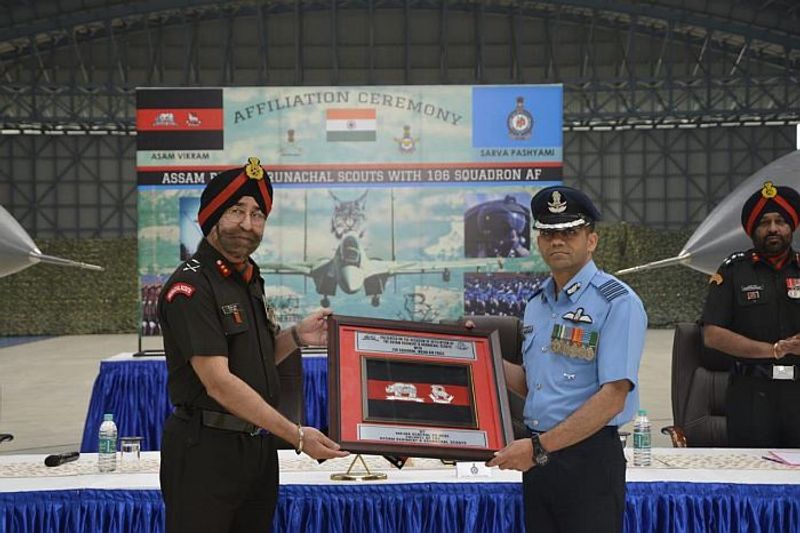 Indian Army's Assam Regiment &amp; Arunachal Scouts was formally affiliated to Indian Air Force's 106 Squadron 'Lynx' in a ceremony at Tezpur in Assam.On the occasion, Colonel of the Assam Regiment &amp; Arunachal Scouts Major General PS Behl took inspection of the Guard of Honour. Major General PS Behl and IAF's 106 Squadron Group Captain Varun Slaria signed the 'Charter of Affiliation'.The Assam Regiment was raised on June 15, 1941 and stood its ground to turn defeat into victory winning six Battle Honours in the Second World War.