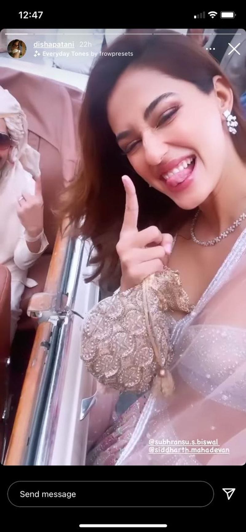 In one of her Instagram stories, she was seen in an ice-blue lehenga grooving with the songs during baarat. She completed the look with a diamond neckpiece and earrings and a bejewelled potli bag.