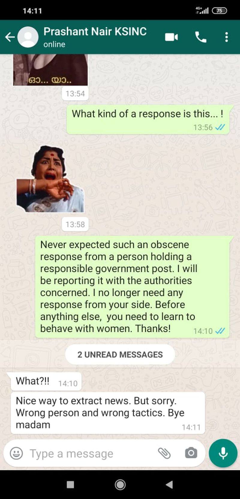 prasanth nair ias whatsapp chat with woman journalist send obscene stickers creates row