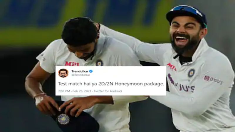 <p>2 दिन में टेस्ट खत्म करने को लेकर सोशल मीडिया पर इस तरह के मीम्स वायरल किए जा रहे है। जिसमें लिखा है कि 'ये टेस्ट मैच है या 2 दिन/ 2 रात का हनीमून पैकेज।'<br />
</p>