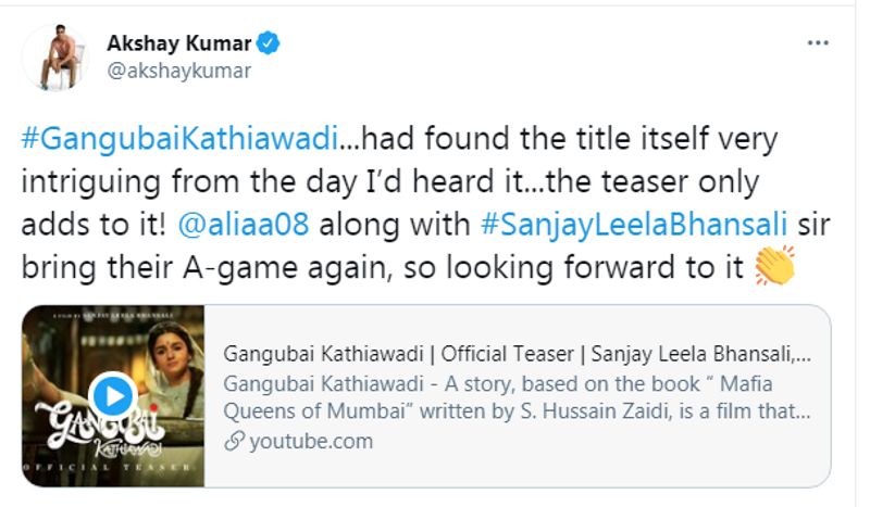 ಹಾಗೇ ಅಕ್ಷಯ್ ಕುಮಾರ್ ಸಹ ಆಲಿಯಾರ ಆಭಿನಯ ಮೆಚ್ಚಿ ಟ್ವೀಟ್ ಮಾಡಿದ್ದಾರೆ.