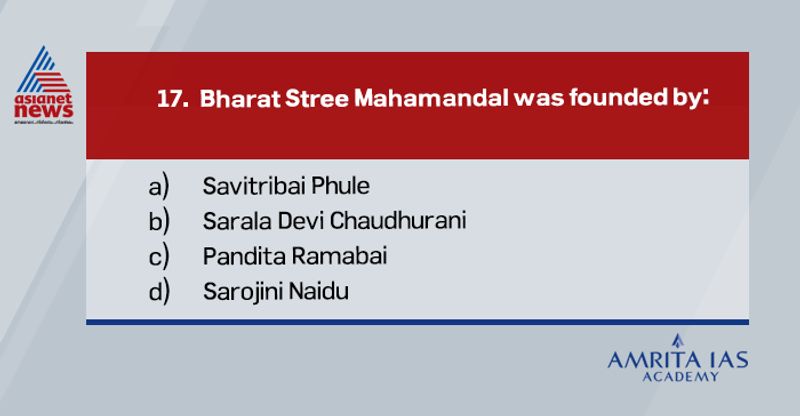 Answer:(b)Sarala Devi Chaudhurani, (9 September 1872 – 18 August 1945) was an educationist and political activist, who founded Bharat Stree Mahamandal in Allahabad in 1910. This was the first women's organization in India. One of the primary goals of the organization was to promote female education.